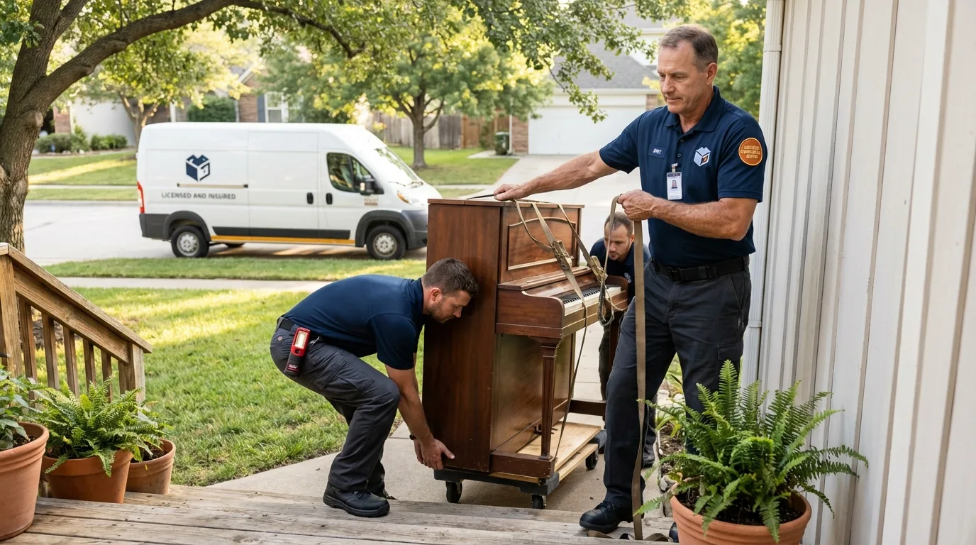 Licensed piano movers securing grand piano in Eden, TX