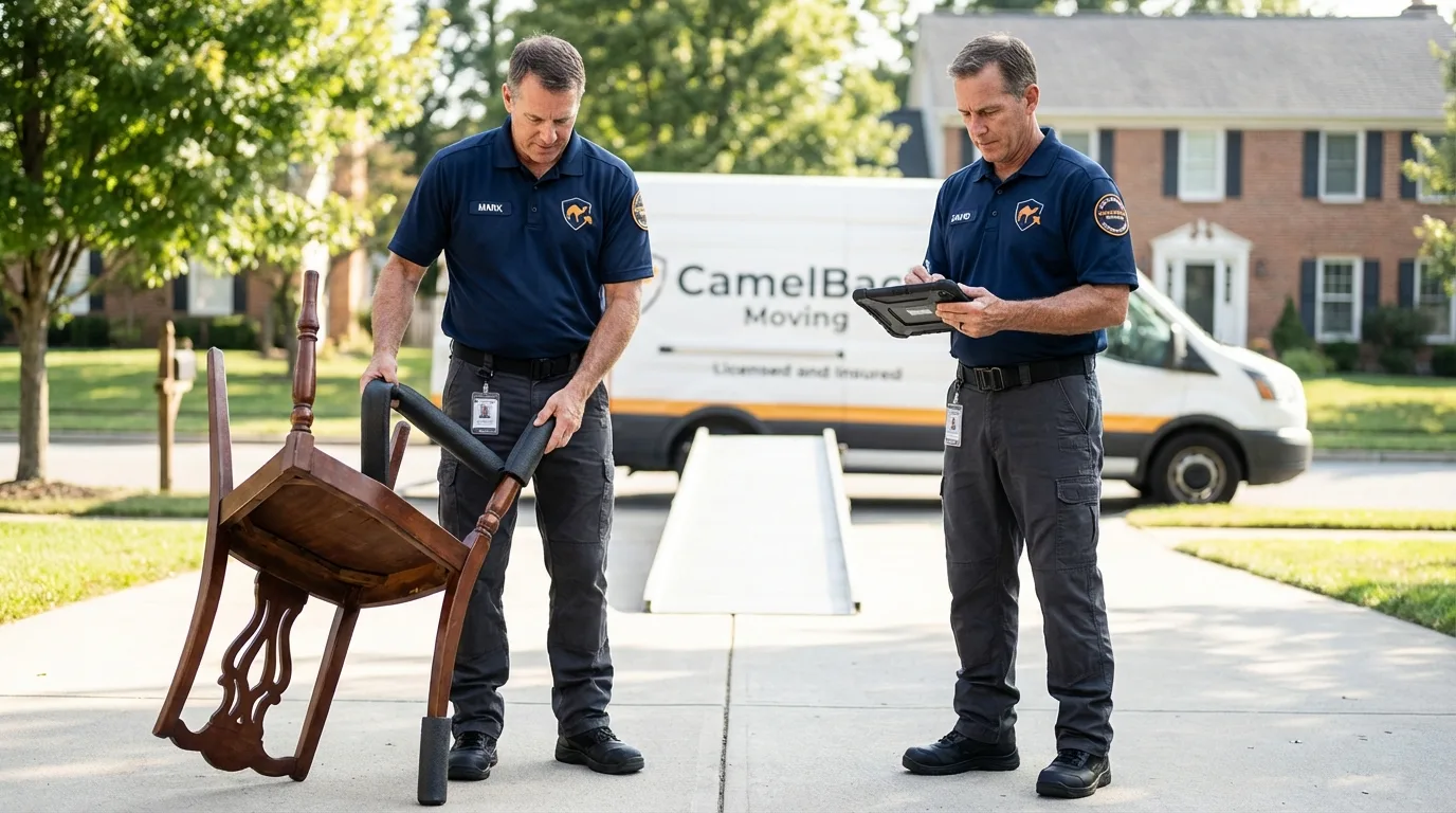 Movers inspecting furniture for damage prevention before loading in Eden, TX